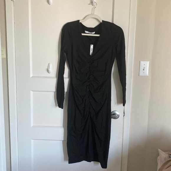 NWT Susana Monaco V Neck Ruched Black Midi Bodycon Dress - Picture 1 of 7